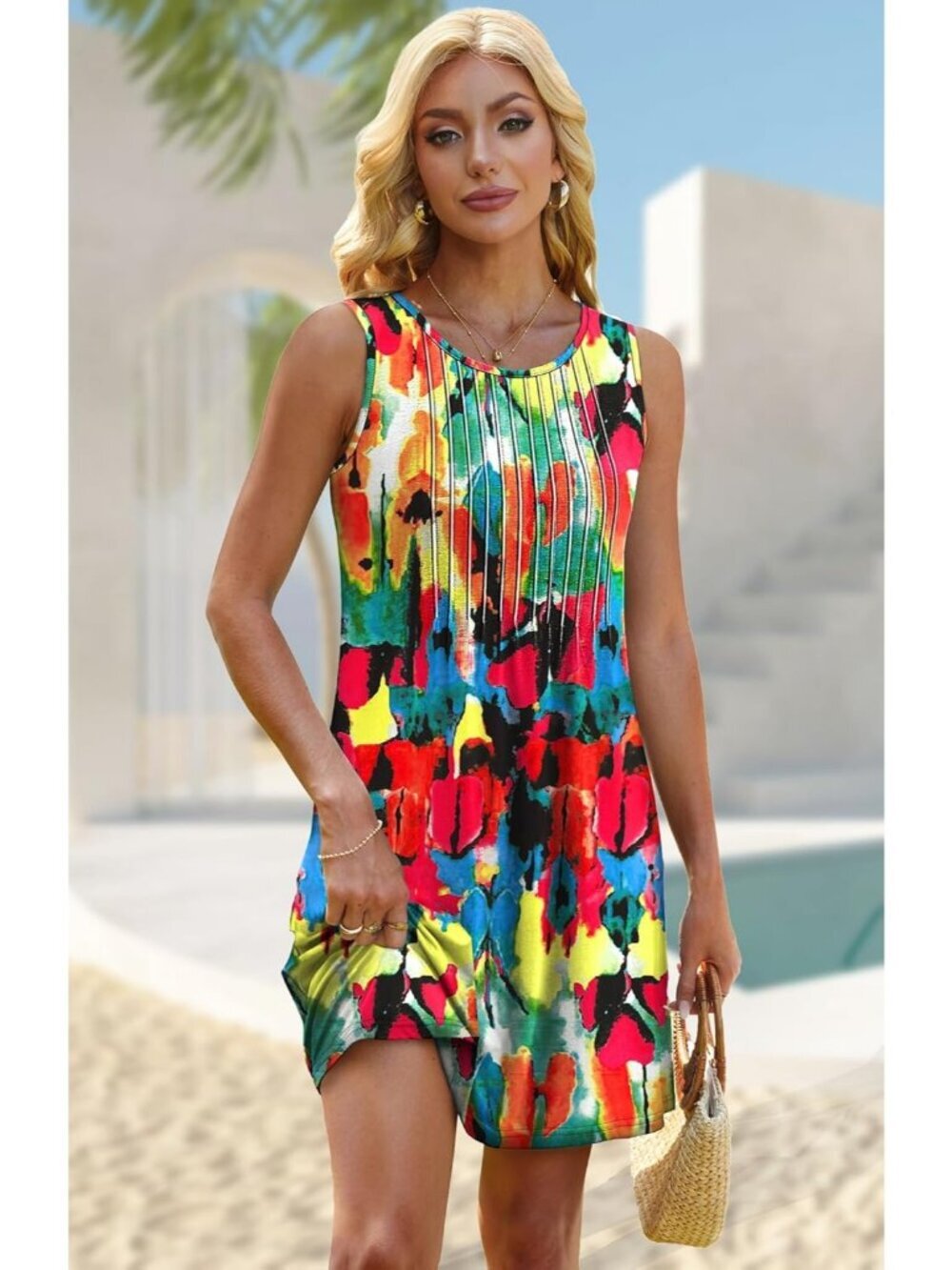 Women's Floral Red Beach Vacation Casual Crew Neck Sleeveless Sun Mini Dress - Picture 4 of 5